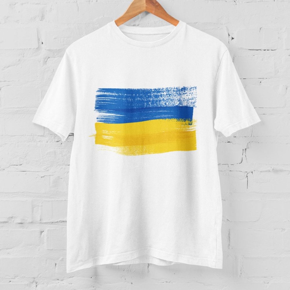 Ukraine Flag Art Brush T-Shirt in Black and White, Yellow and Blue